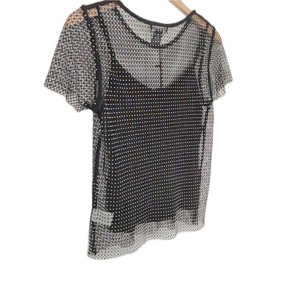 NEW Rachel Zoe Sheer Mesh Tee Adorned with All Over Rhinestones Womens M - Picture 8 of 16